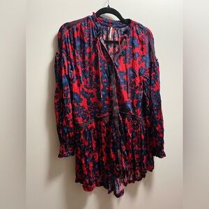 Oversize Free People Red and Navy Floral Peasant Tunic Dress